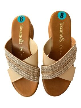 NWOT Toscanoella Beige Cross-Strap wedge Slide Sandals neutral summer open toe 8